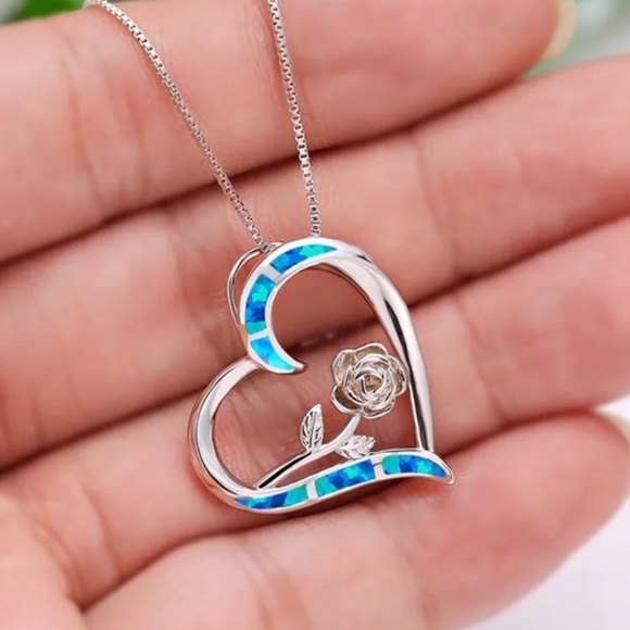 🆕 | Blue Simulated Opal | Rose Flower | 14K White Gold Plated Women’s Necklace - Picture 2 of 7